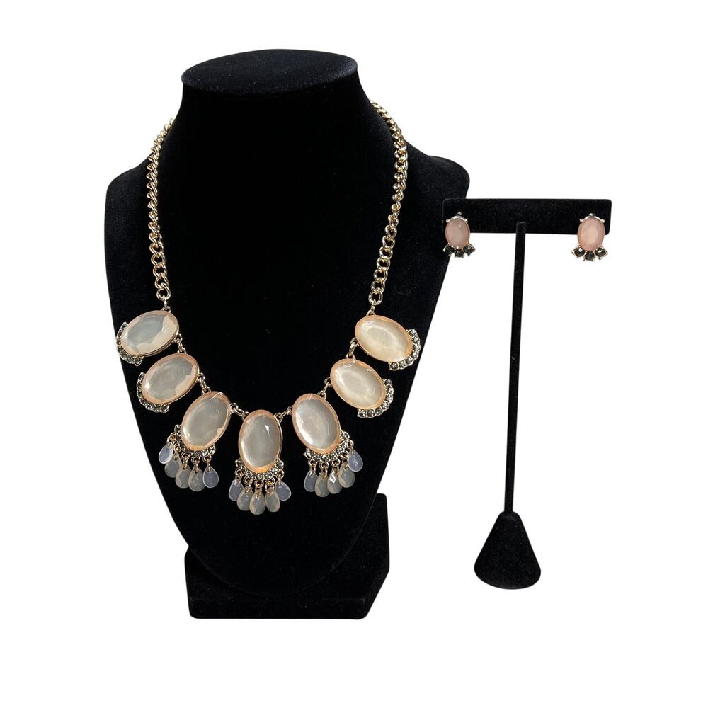 Pink Gray Statement Necklace Earrings Set Gold Tone Faceted Rhinestone Jewelry